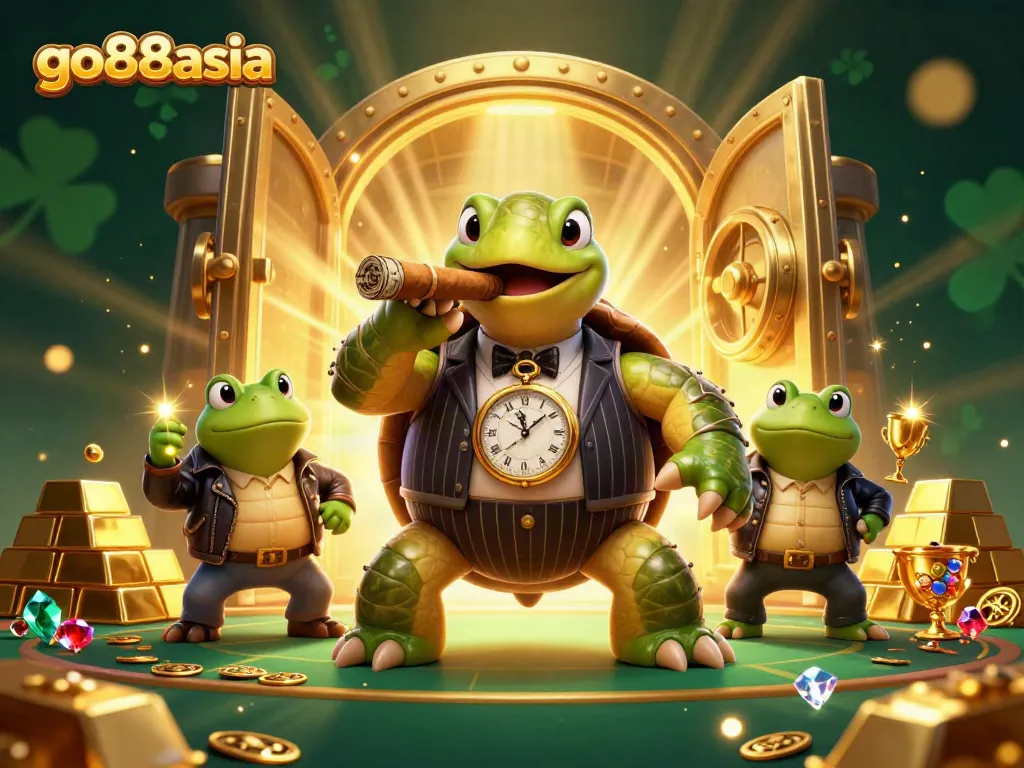 Win big at go88asia with a vibrant casino scene featuring a snapping turtle and bullfrog enforcers, surrounded by treasures.