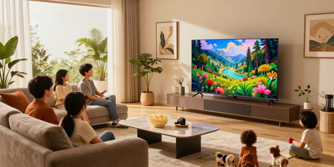 Family enjoying the vibrant OLED TV 2026 in a cozy living room setting, showcasing modern decor and technology.