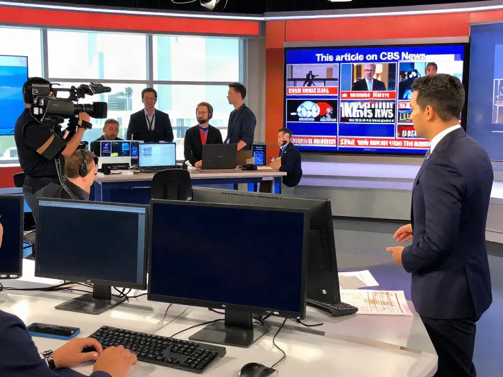 This article on CBS News displayed prominently on multiple screens in a bustling newsroom.