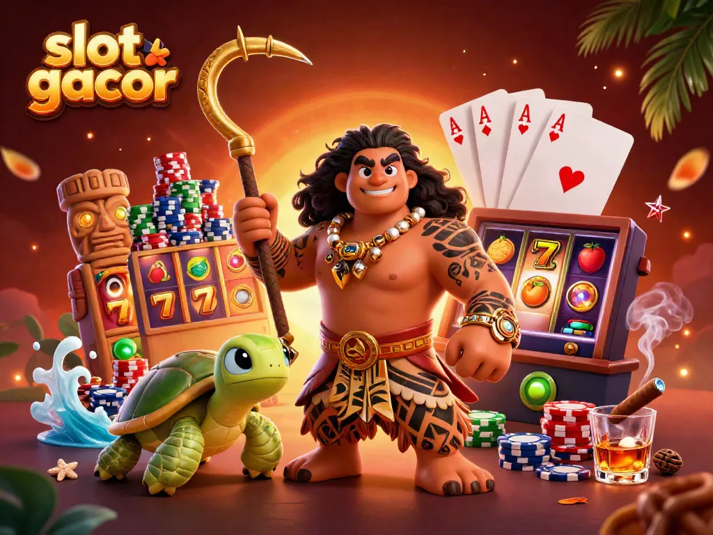 Engage in slot gacor thrills with vibrant characters and casino elements in a lively illustration.