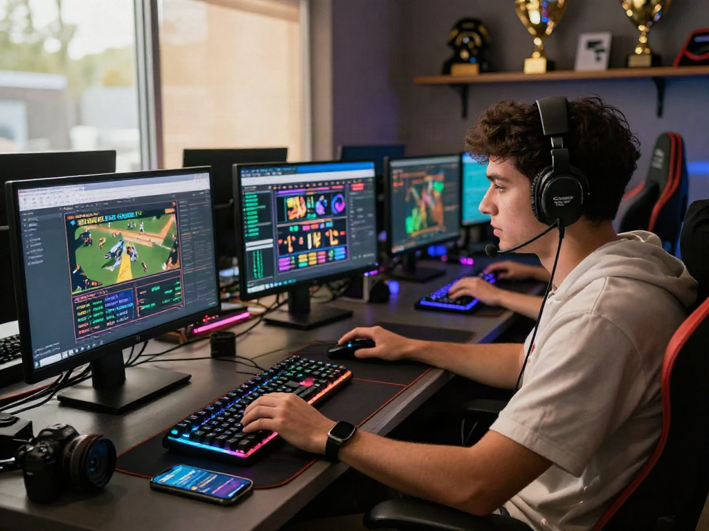 토토사이트 검증 먹튀스팟 gaming scene with a focused player and multiple screens