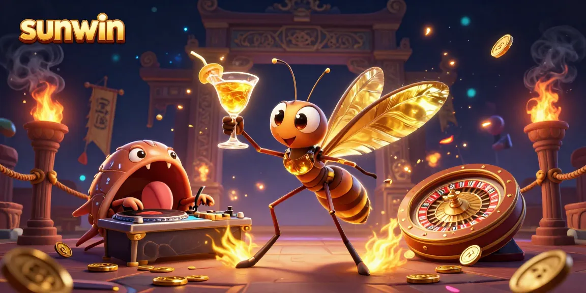 Engage in thrilling gameplay at Sunwin with a vibrant casino scene featuring a playful mosquito mascot, fossil DJ, and golden roulette.